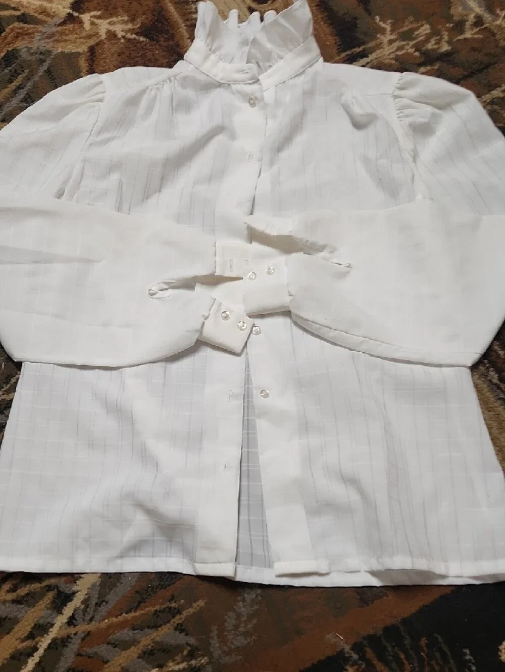 Vintage Ruffled High-Neck White Button-Down Blouse - Picture 7 of 12